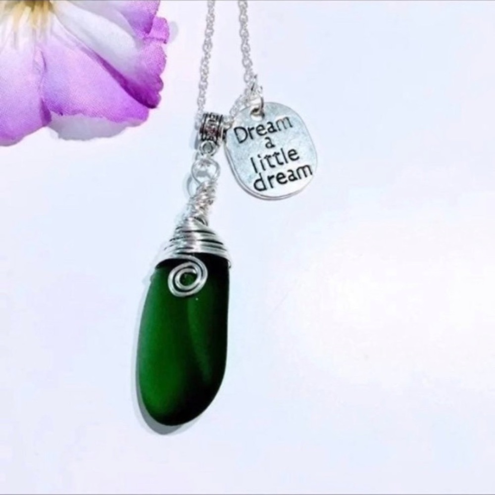 Dream a Little Dream Silver Wire-Wrapped Green Sea Glass Pendant Necklace